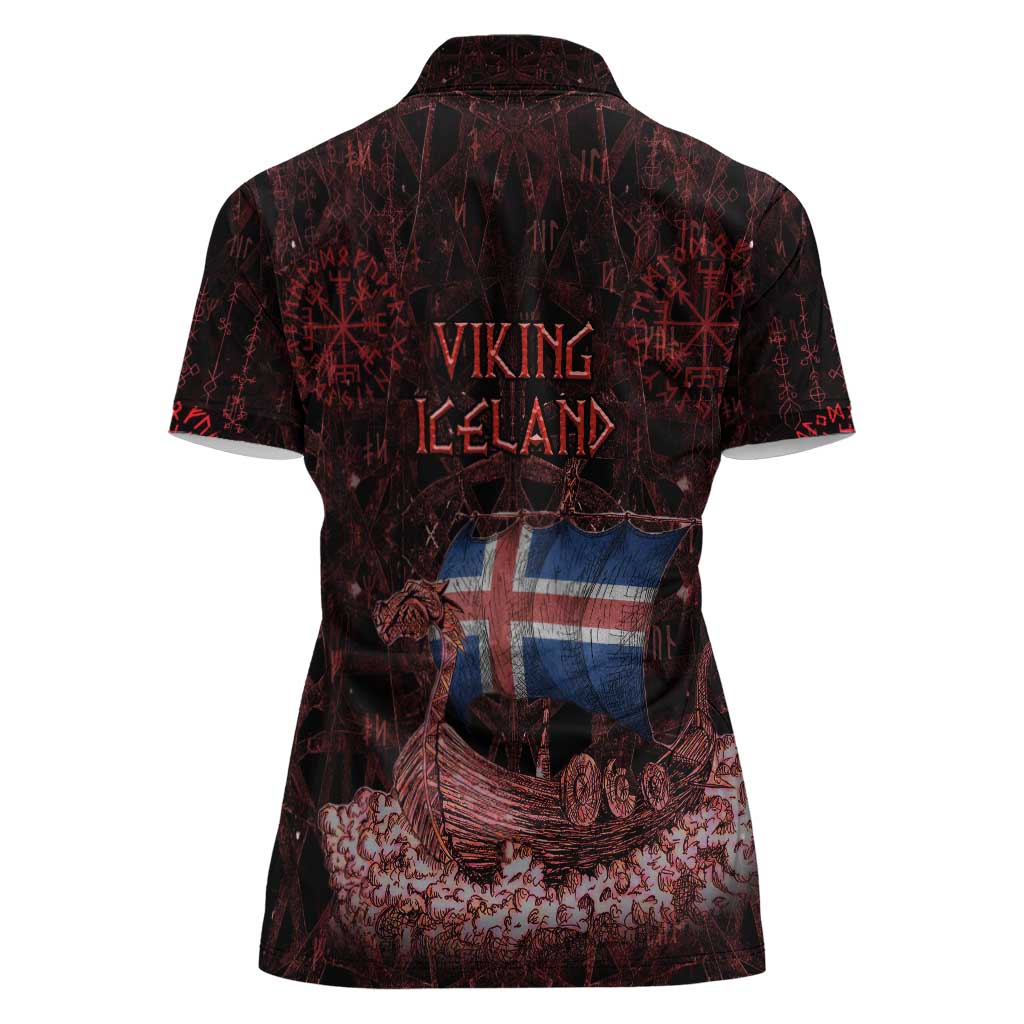 Iceland Vikings Women Polo Shirt Norse Runes with Raven and Longship Design Featuring National Flag