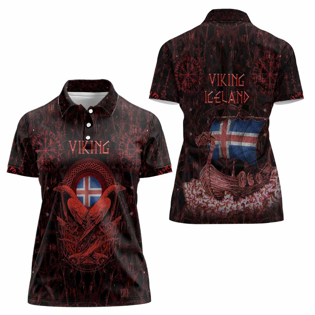 Iceland Vikings Women Polo Shirt Norse Runes with Raven and Longship Design Featuring National Flag