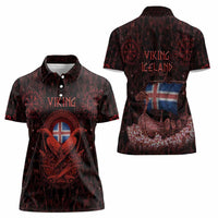 Iceland Vikings Women Polo Shirt Norse Runes with Raven and Longship Design Featuring National Flag