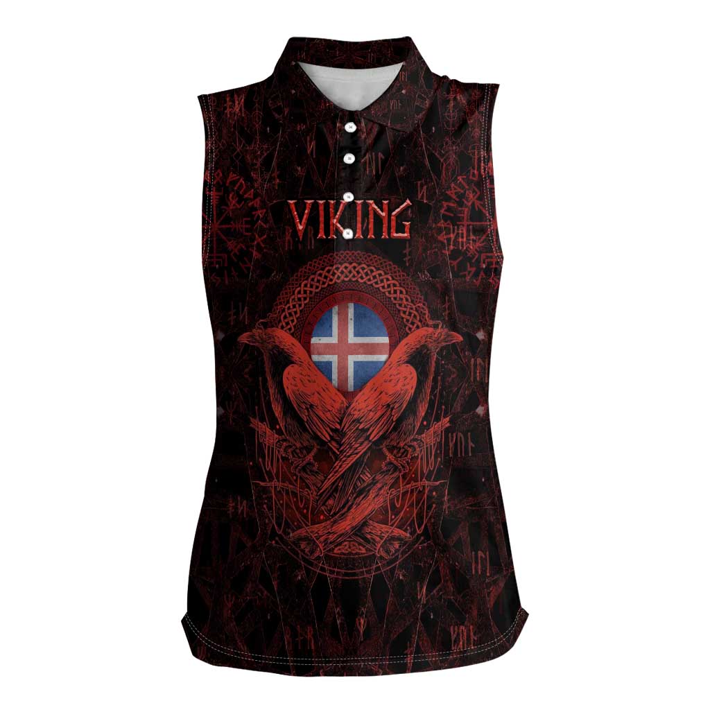 Iceland Vikings Women Sleeveless Polo Shirt Norse Runes with Raven and Longship Design Featuring National Flag