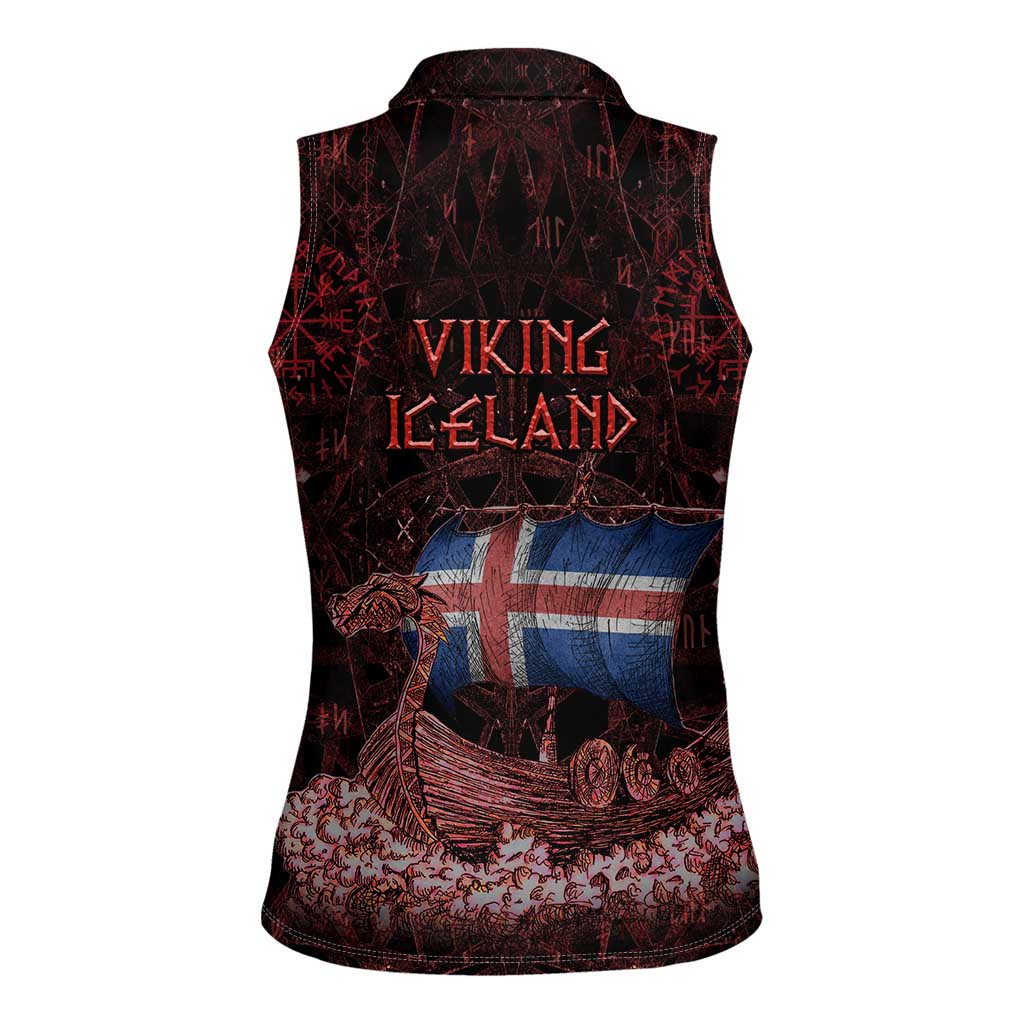 Iceland Vikings Women Sleeveless Polo Shirt Norse Runes with Raven and Longship Design Featuring National Flag