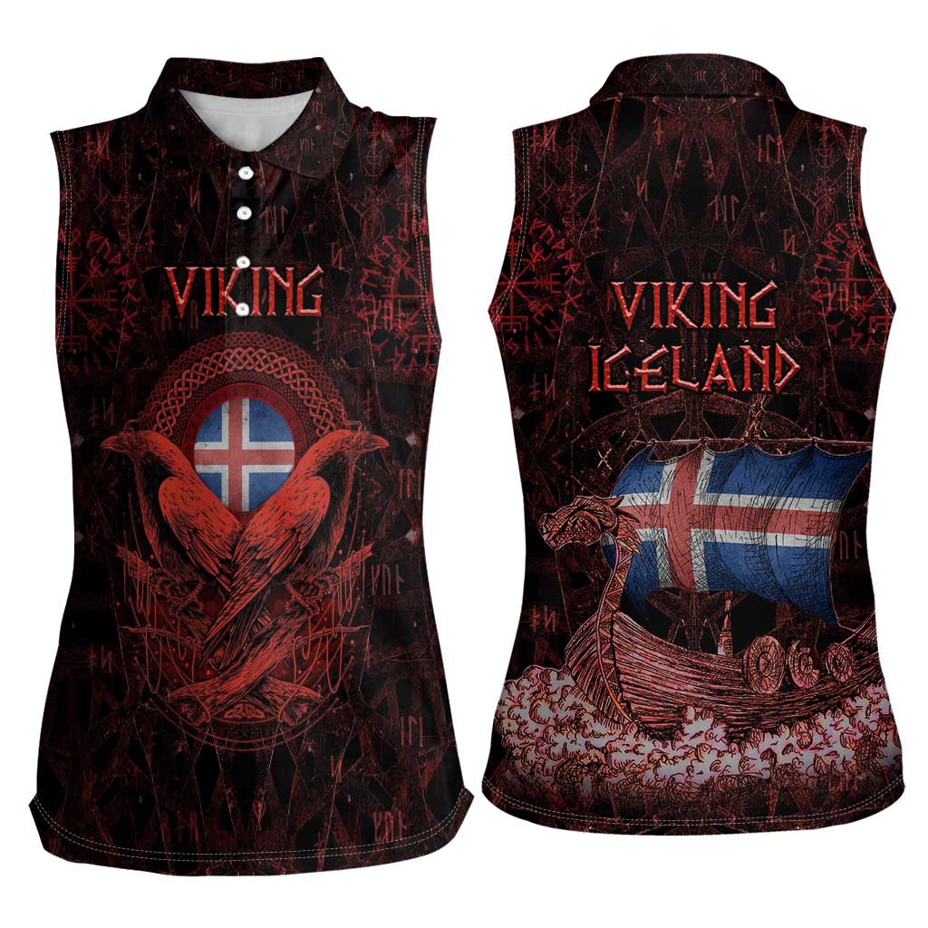 Iceland Vikings Women Sleeveless Polo Shirt Norse Runes with Raven and Longship Design Featuring National Flag