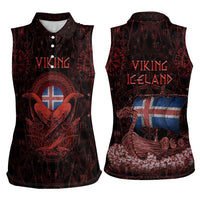 Iceland Vikings Women Sleeveless Polo Shirt Norse Runes with Raven and Longship Design Featuring National Flag