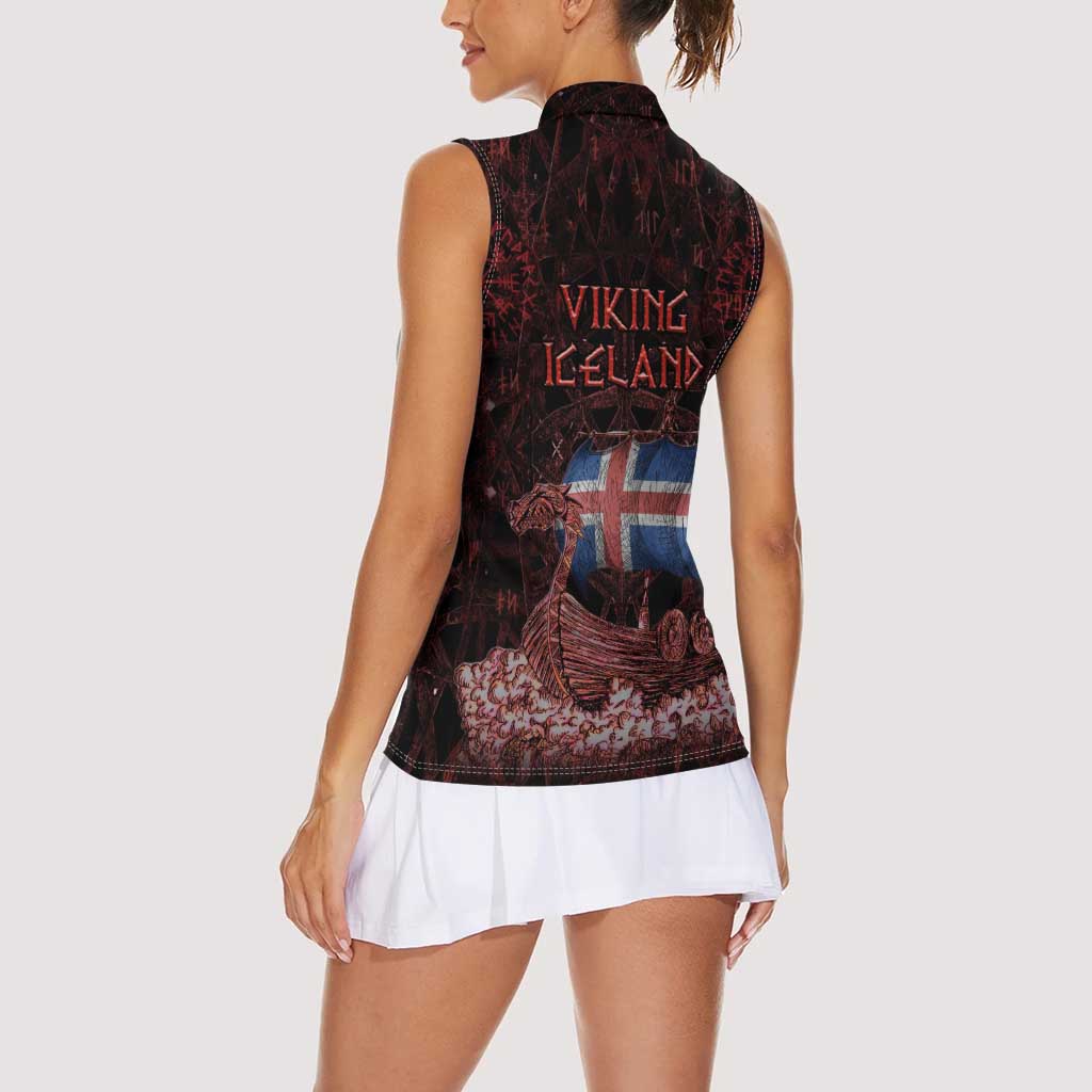 Iceland Vikings Women Sleeveless Polo Shirt Norse Runes with Raven and Longship Design Featuring National Flag
