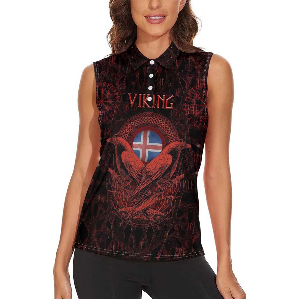 Iceland Vikings Women Sleeveless Polo Shirt Norse Runes with Raven and Longship Design Featuring National Flag