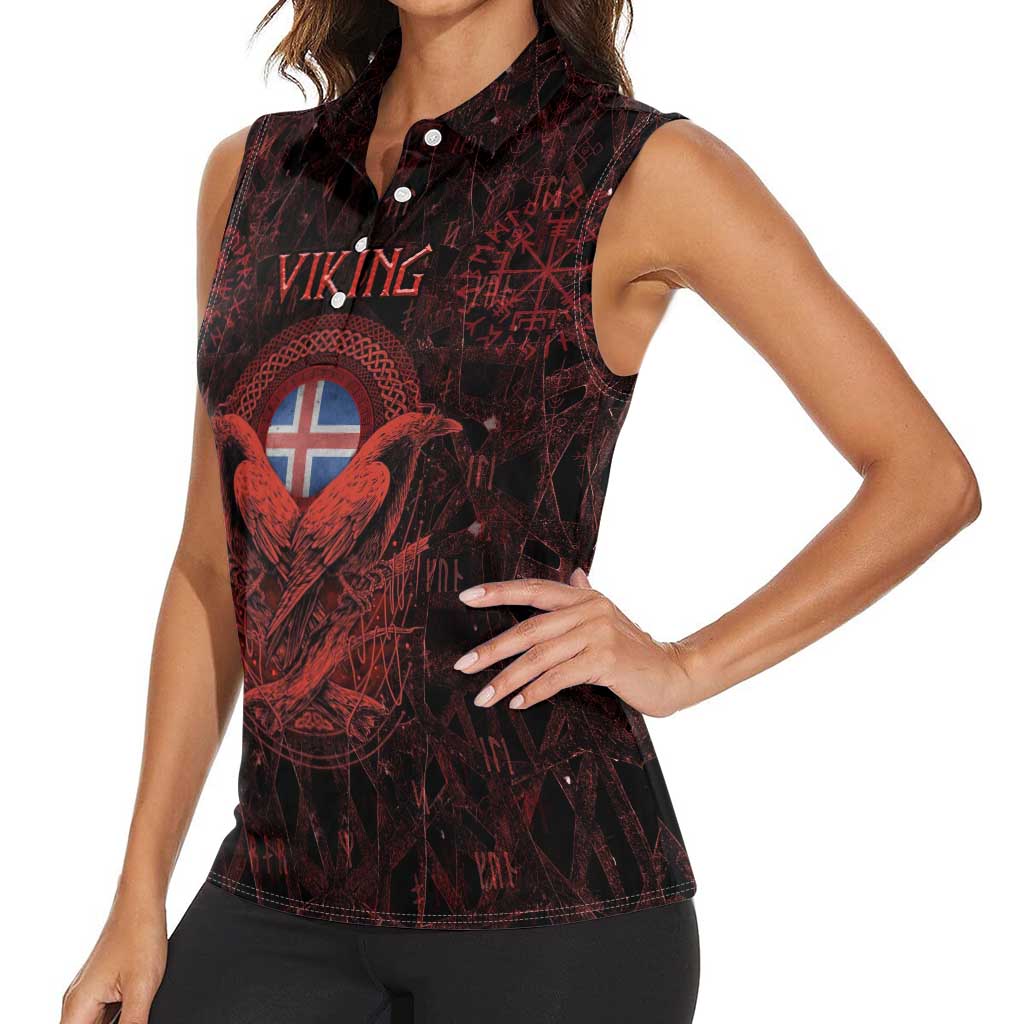 Iceland Vikings Women Sleeveless Polo Shirt Norse Runes with Raven and Longship Design Featuring National Flag