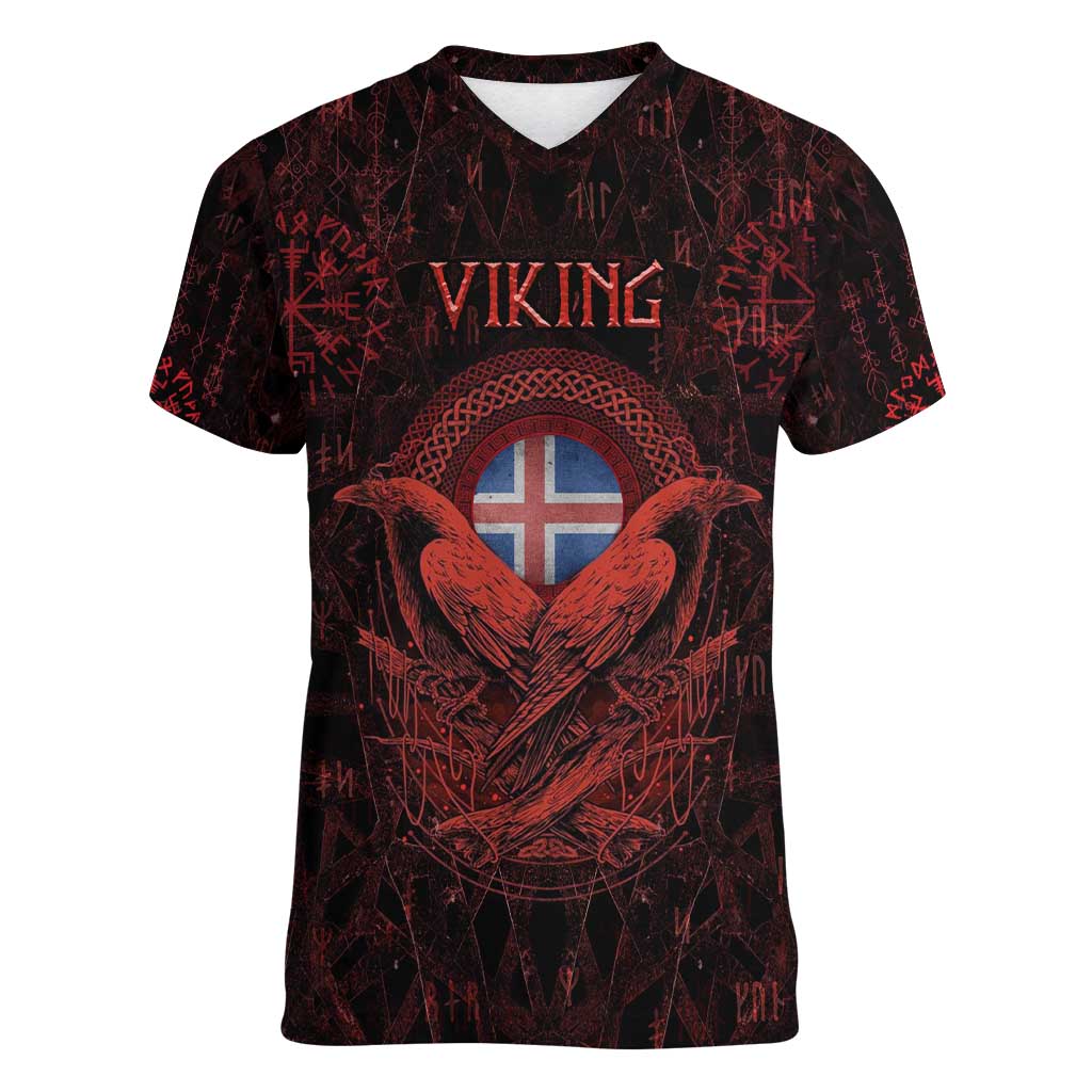 Iceland Vikings Women V-Neck T-Shirt Norse Runes with Raven and Longship Design Featuring National Flag