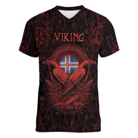 Iceland Vikings Women V-Neck T-Shirt Norse Runes with Raven and Longship Design Featuring National Flag