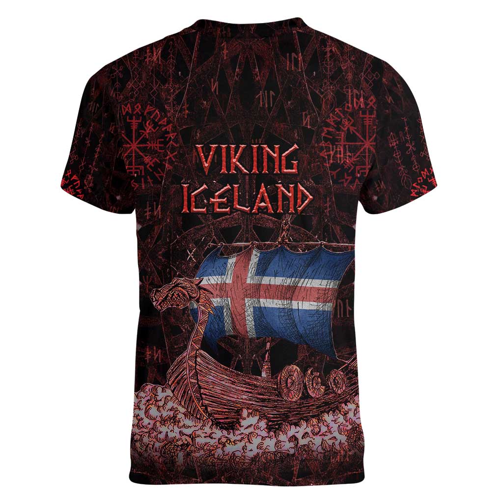 Iceland Vikings Women V-Neck T-Shirt Norse Runes with Raven and Longship Design Featuring National Flag