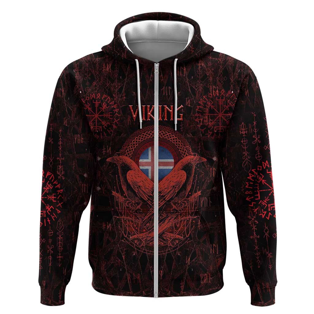 Iceland Vikings Zip Hoodie Norse Runes with Raven and Longship Design Featuring National Flag