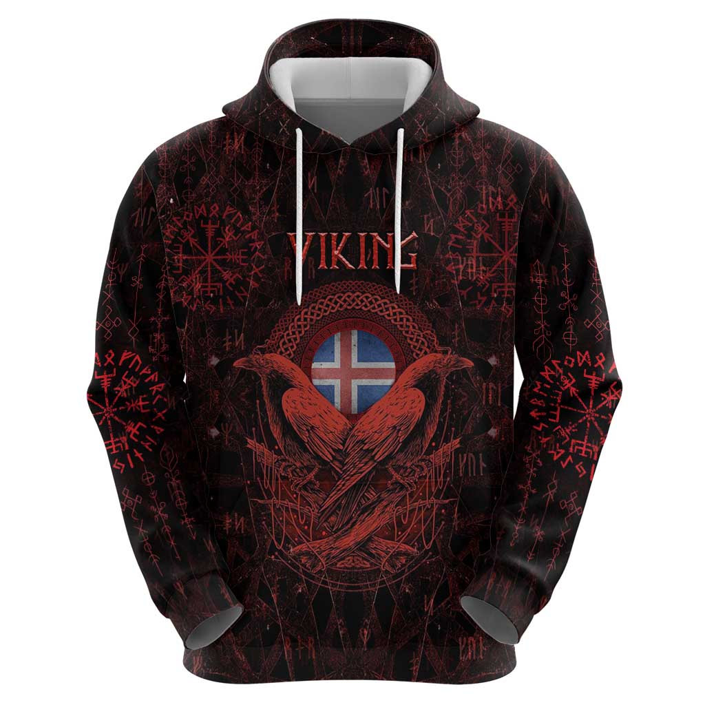 Iceland Vikings Zip Hoodie Norse Runes with Raven and Longship Design Featuring National Flag