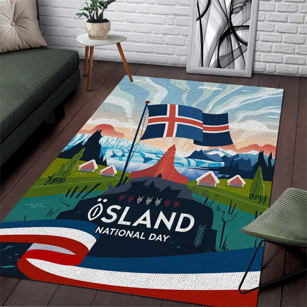 Iceland National Day Area Rug with Icelandic Flag Crest and Scenic Landscape Design