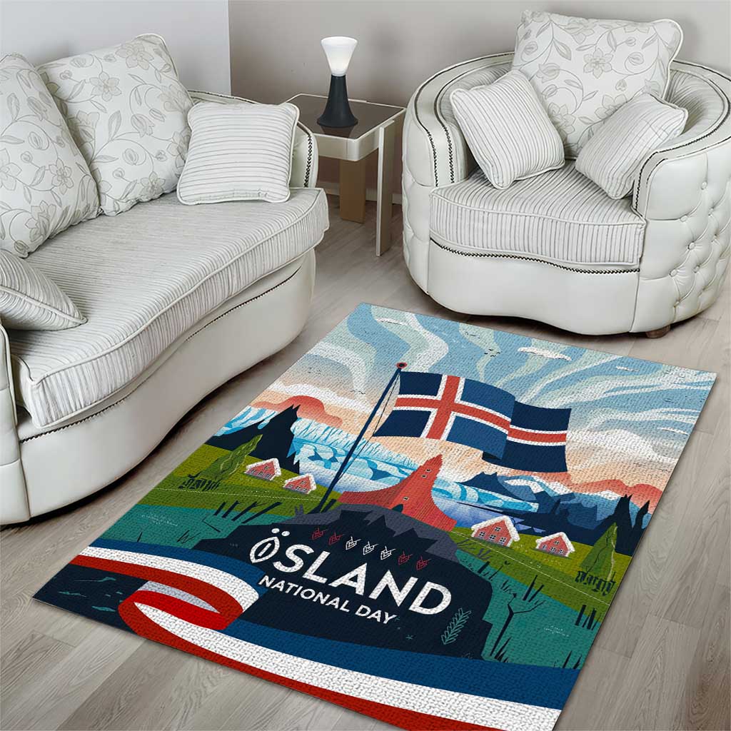 Iceland National Day Area Rug with Icelandic Flag Crest and Scenic Landscape Design