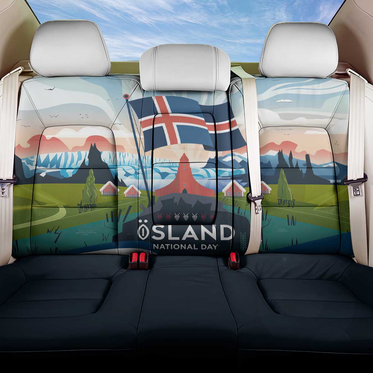 Iceland National Day Back Car Seat Cover with Icelandic Flag Crest and Scenic Landscape Design
