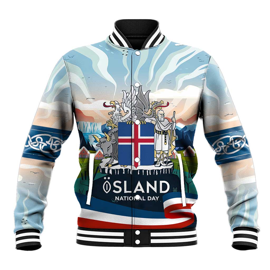 Iceland National Day Baseball Jacket with Icelandic Flag Crest and Scenic Landscape Design