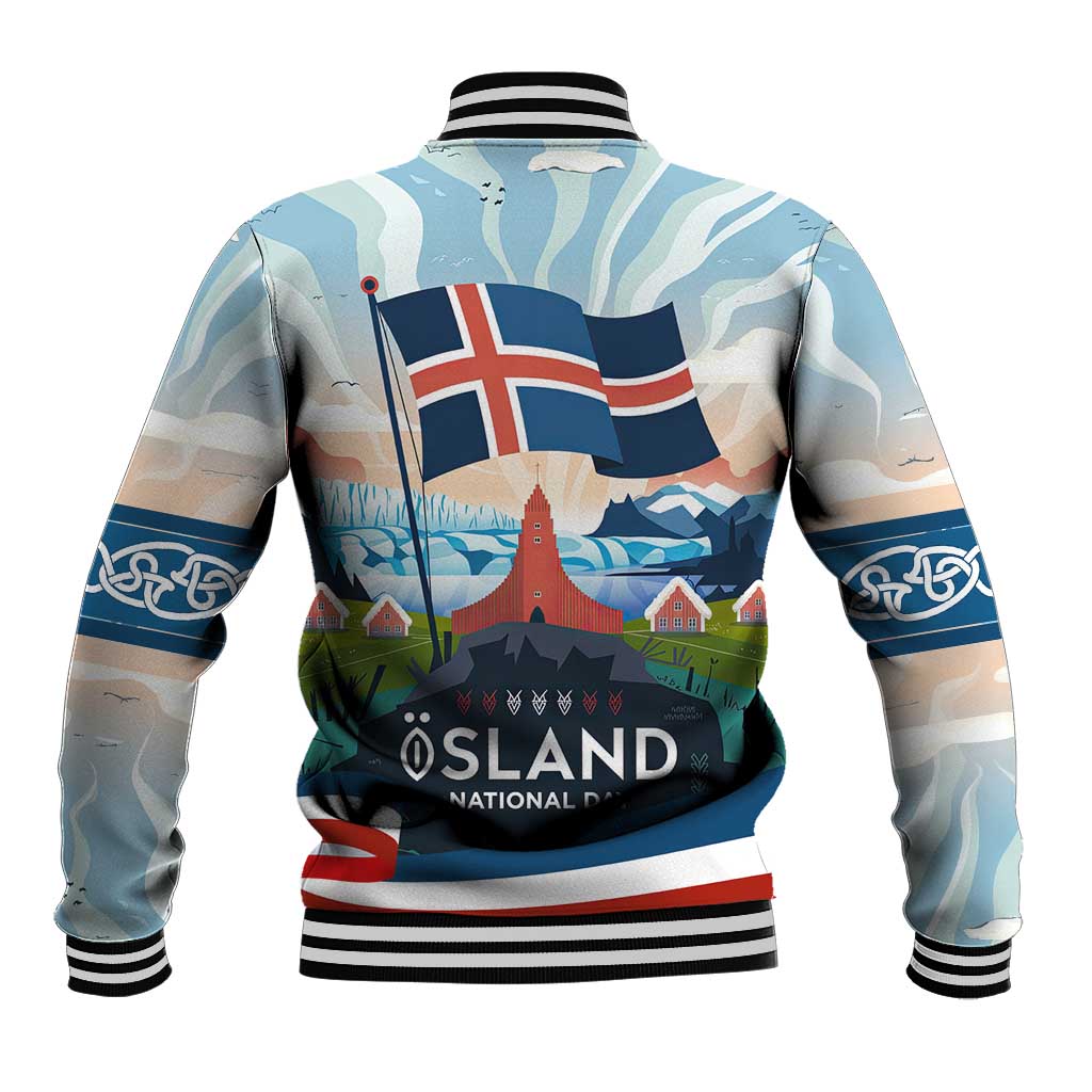 Iceland National Day Baseball Jacket with Icelandic Flag Crest and Scenic Landscape Design