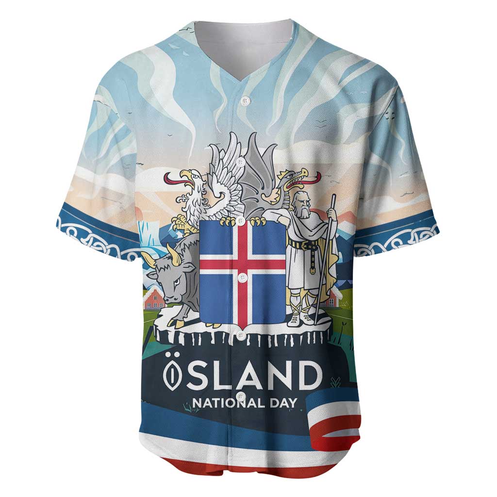 Iceland National Day Baseball Jersey with Icelandic Flag Crest and Scenic Landscape Design