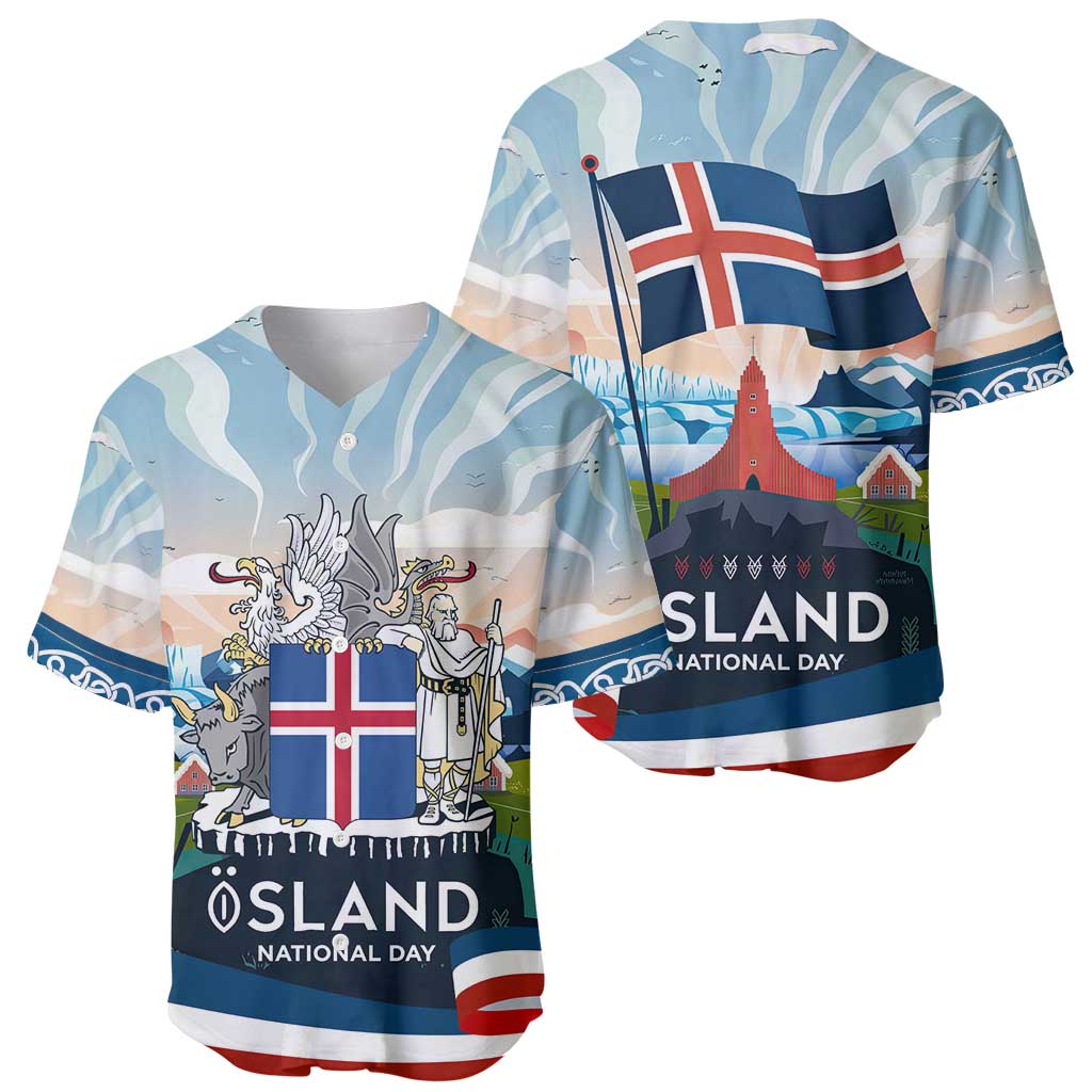 Iceland National Day Baseball Jersey with Icelandic Flag Crest and Scenic Landscape Design
