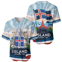 Iceland National Day Baseball Jersey with Icelandic Flag Crest and Scenic Landscape Design