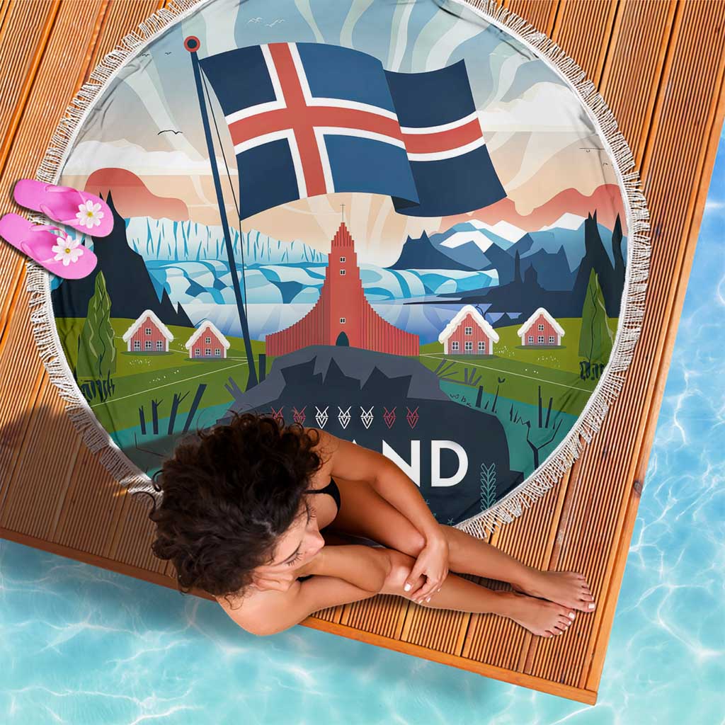 Iceland National Day Beach Blanket with Icelandic Flag Crest and Scenic Landscape Design