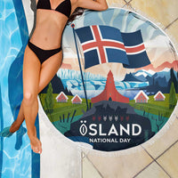 Iceland National Day Beach Blanket with Icelandic Flag Crest and Scenic Landscape Design
