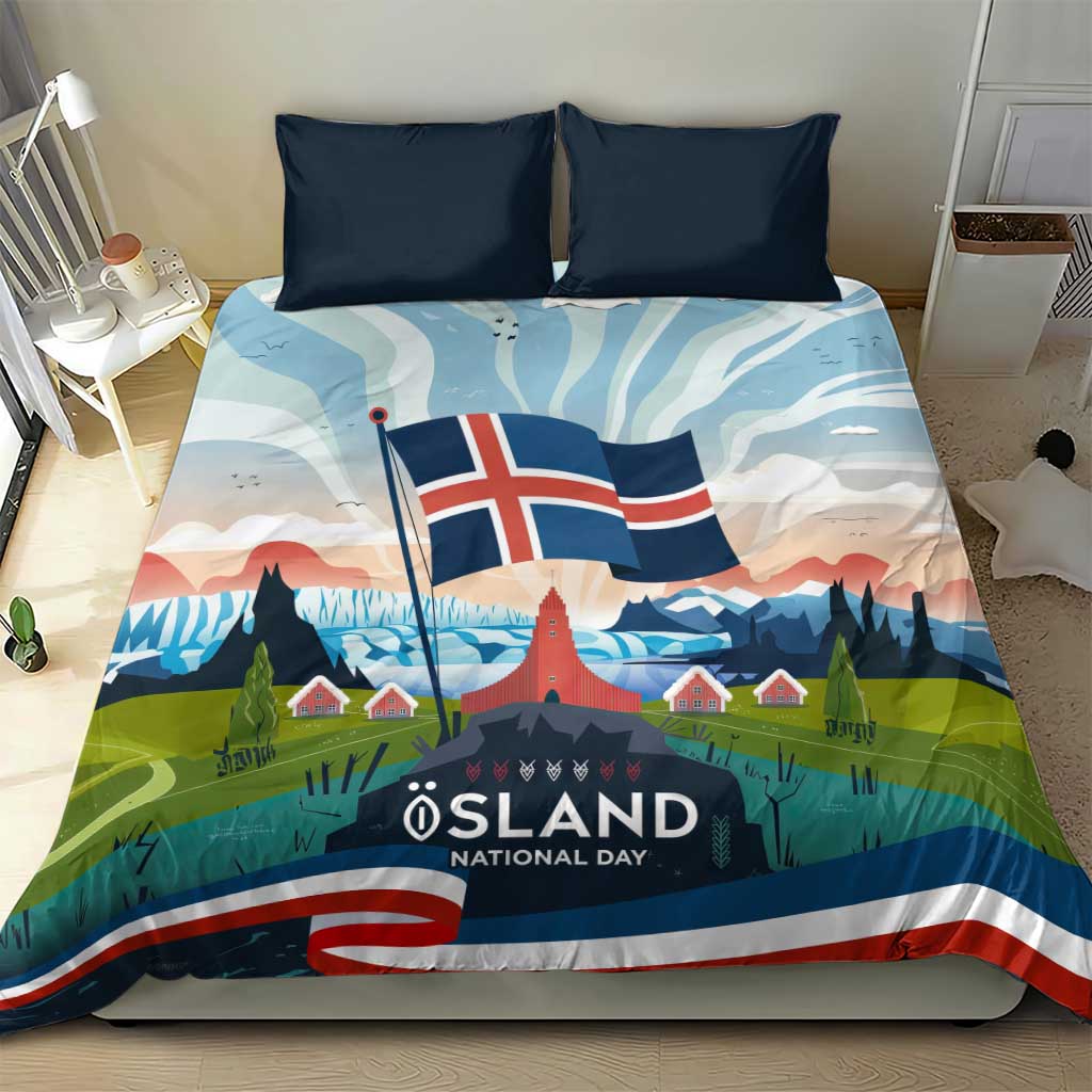 Iceland National Day Bedding Set with Icelandic Flag Crest and Scenic Landscape Design