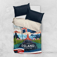 Iceland National Day Bedding Set with Icelandic Flag Crest and Scenic Landscape Design