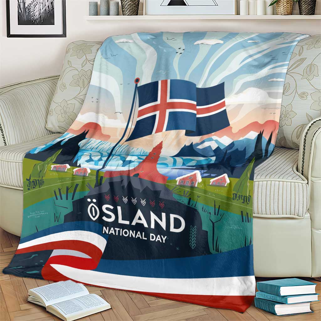 Iceland National Day Blanket with Icelandic Flag Crest and Scenic Landscape Design