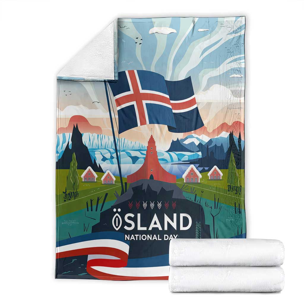 Iceland National Day Blanket with Icelandic Flag Crest and Scenic Landscape Design