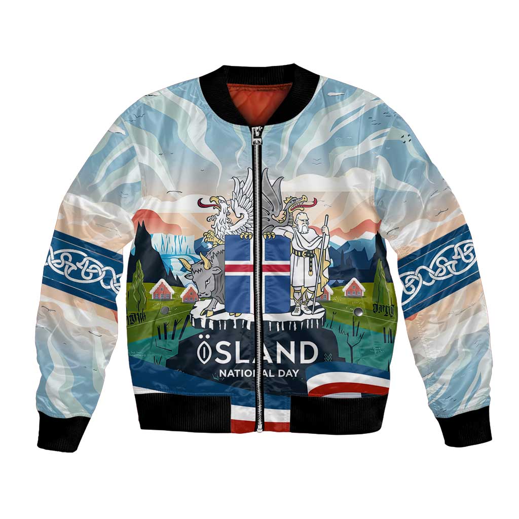 Iceland National Day Bomber Jacket with Icelandic Flag Crest and Scenic Landscape Design