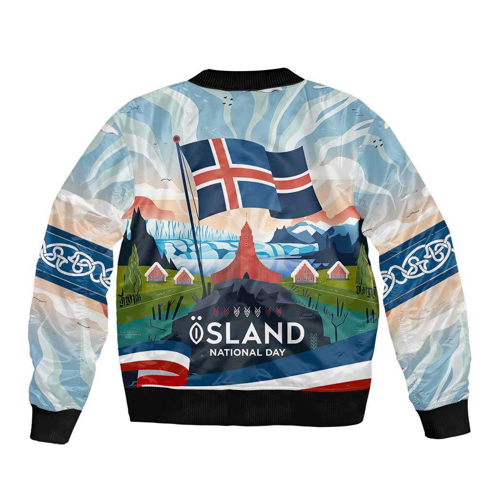 Iceland National Day Bomber Jacket with Icelandic Flag Crest and Scenic Landscape Design