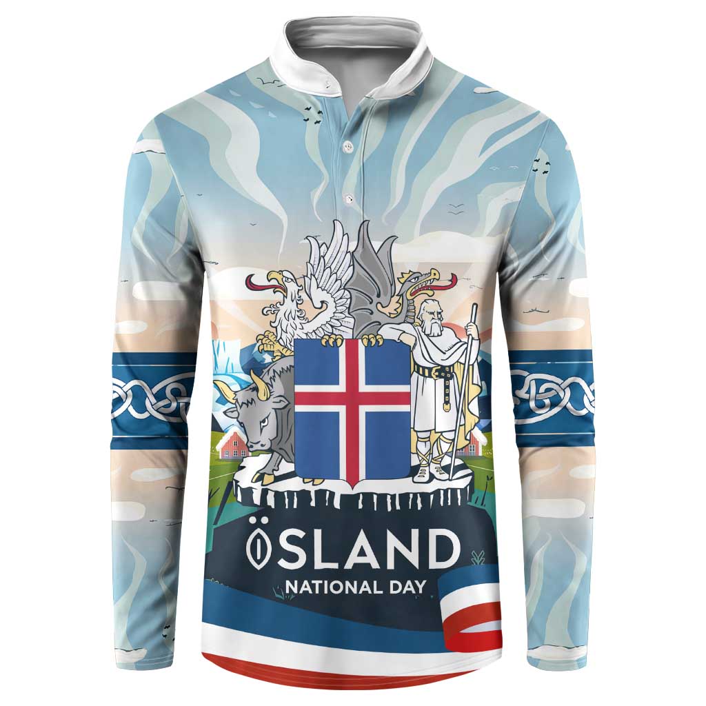 Iceland National Day Button Sweatshirt with Icelandic Flag Crest and Scenic Landscape Design