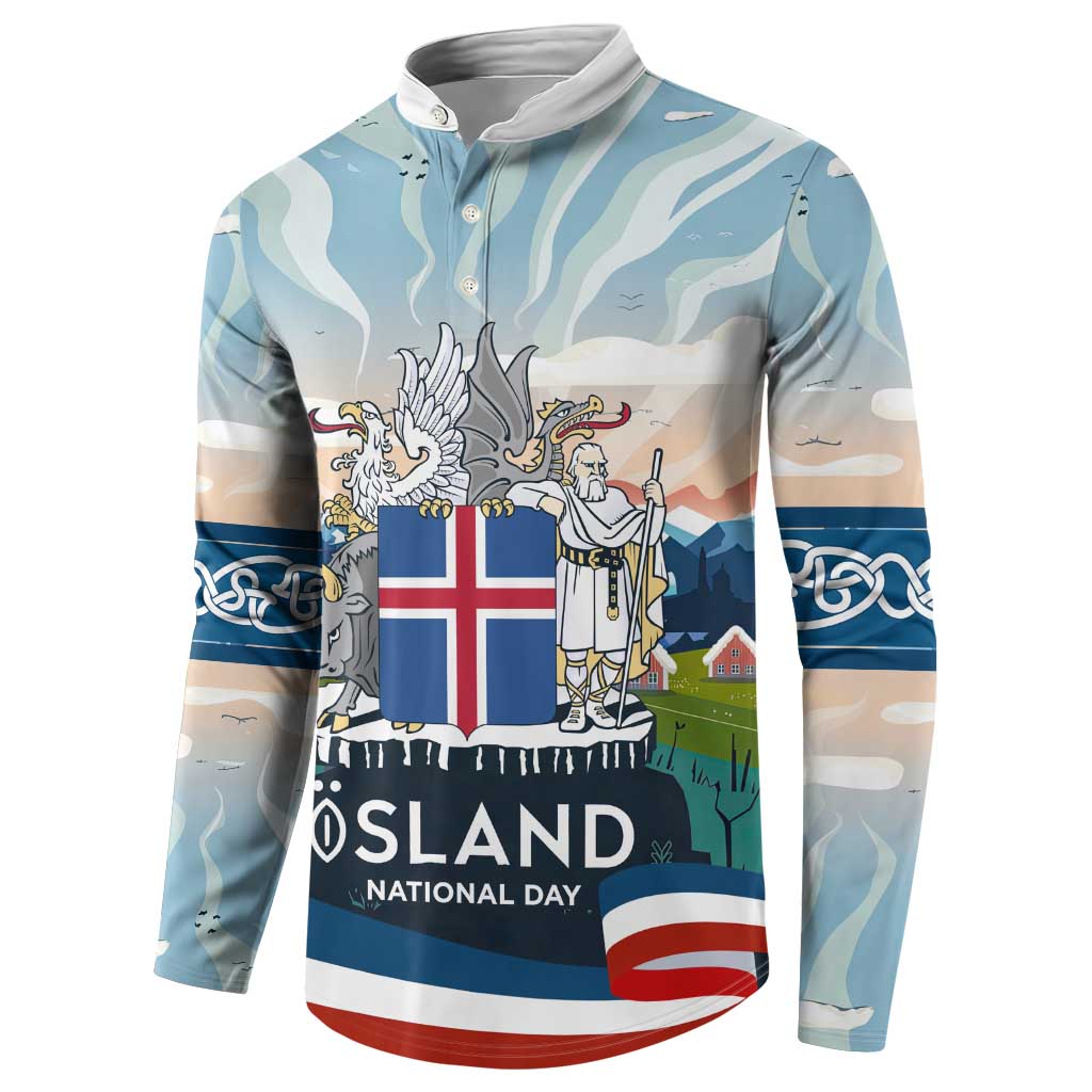 Iceland National Day Button Sweatshirt with Icelandic Flag Crest and Scenic Landscape Design