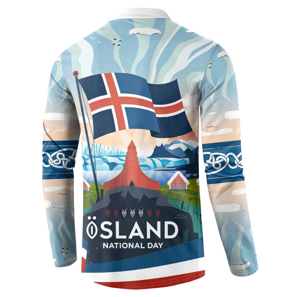 Iceland National Day Button Sweatshirt with Icelandic Flag Crest and Scenic Landscape Design