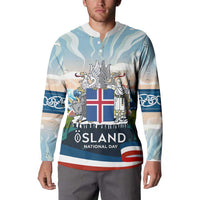 Iceland National Day Button Sweatshirt with Icelandic Flag Crest and Scenic Landscape Design
