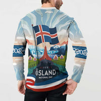 Iceland National Day Button Sweatshirt with Icelandic Flag Crest and Scenic Landscape Design