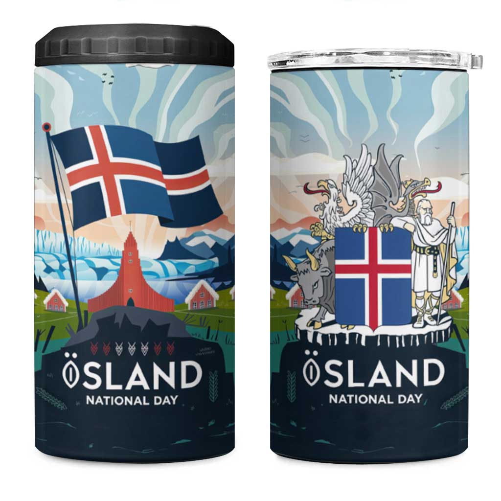 Iceland National Day 4 in 1 Can Cooler Tumbler with Icelandic Flag Crest and Scenic Landscape Design