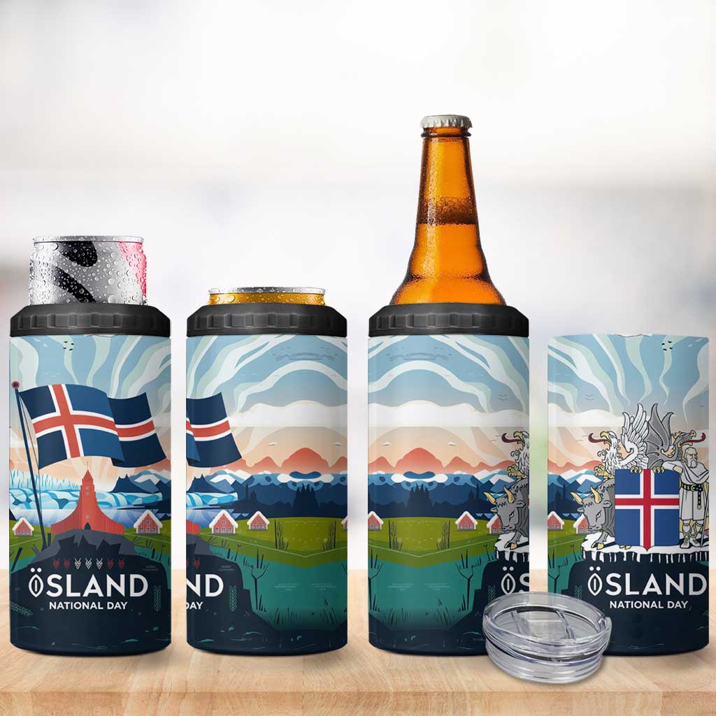 Iceland National Day 4 in 1 Can Cooler Tumbler with Icelandic Flag Crest and Scenic Landscape Design