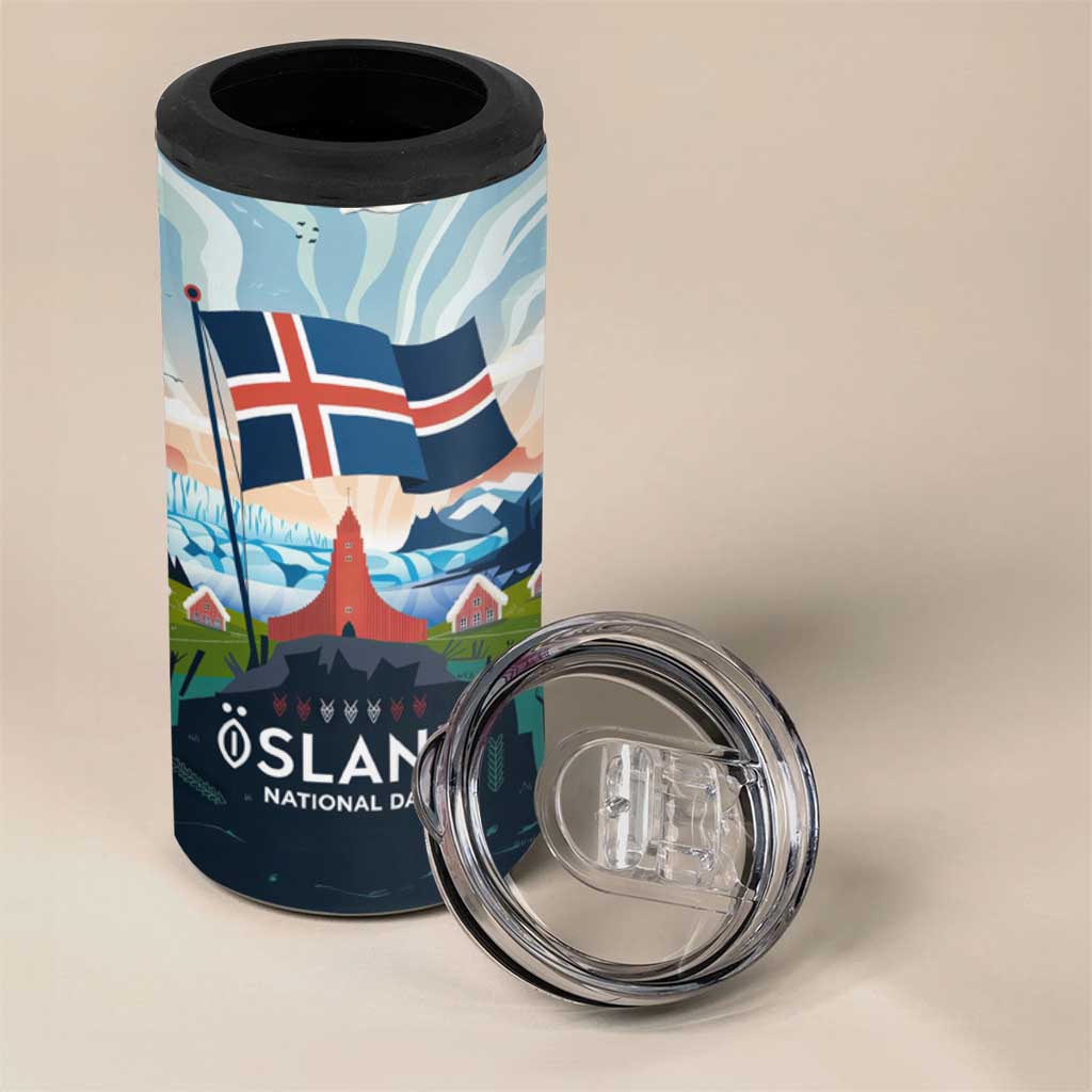 Iceland National Day 4 in 1 Can Cooler Tumbler with Icelandic Flag Crest and Scenic Landscape Design