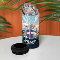 Iceland National Day 4 in 1 Can Cooler Tumbler with Icelandic Flag Crest and Scenic Landscape Design