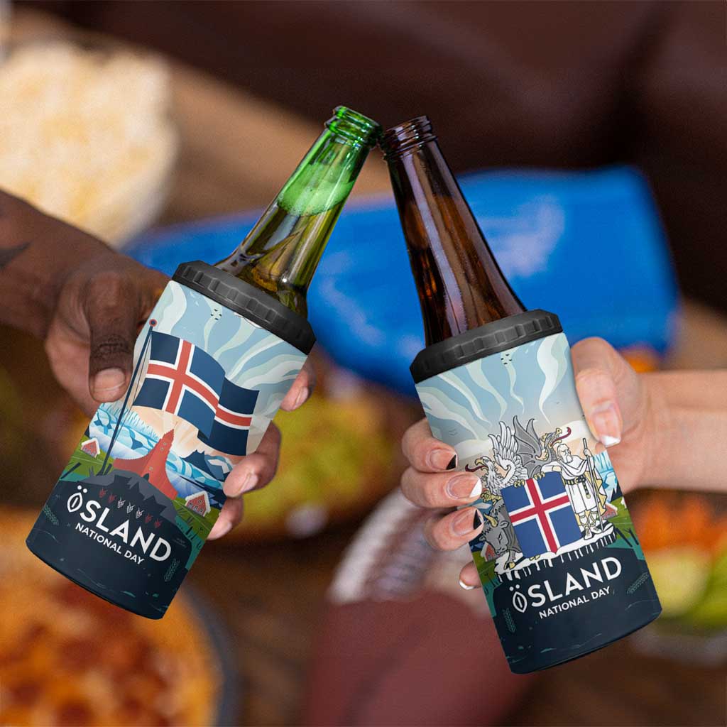 Iceland National Day 4 in 1 Can Cooler Tumbler with Icelandic Flag Crest and Scenic Landscape Design
