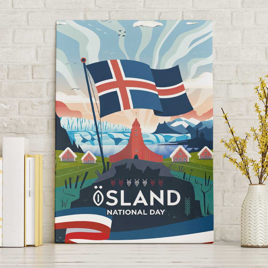Iceland National Day Canvas Wall Art with Icelandic Flag Crest and Scenic Landscape Design