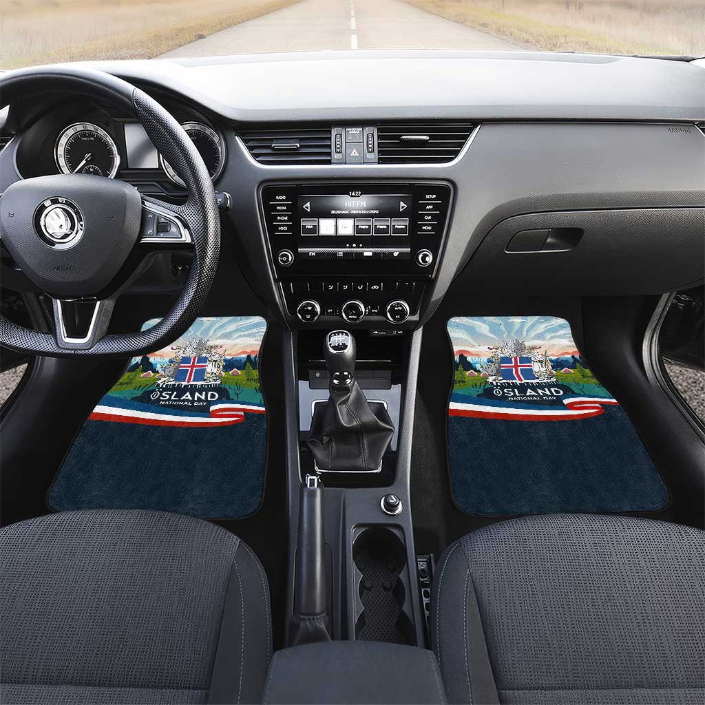 Iceland National Day Car Mats with Icelandic Flag Crest and Scenic Landscape Design