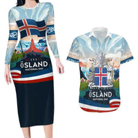 Iceland National Day Couples Matching Long Sleeve Bodycon Dress and Hawaiian Shirt with Icelandic Flag Crest and Scenic Landscape Design