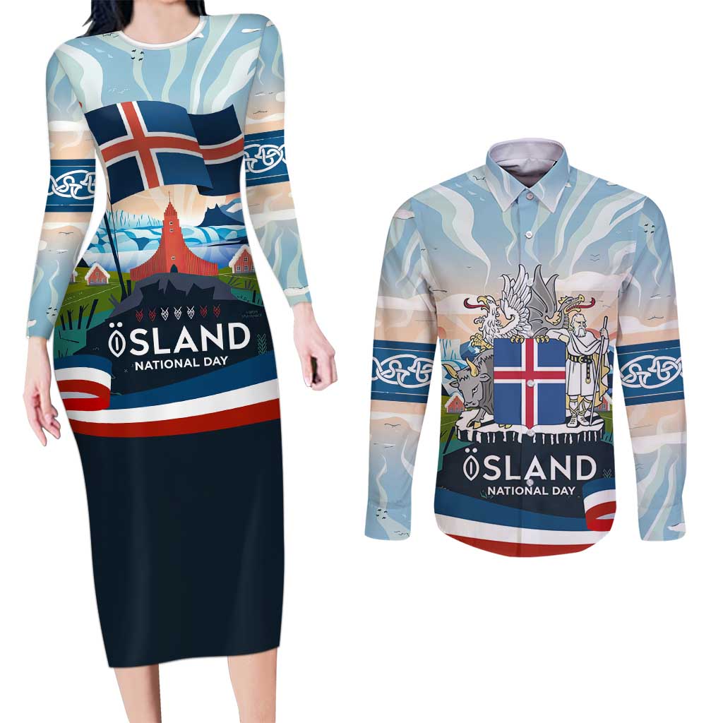 Iceland National Day Couples Matching Long Sleeve Bodycon Dress and Long Sleeve Button Shirt with Icelandic Flag Crest and Scenic Landscape Design