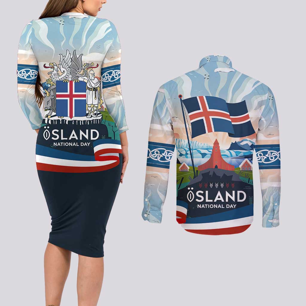 Iceland National Day Couples Matching Long Sleeve Bodycon Dress and Long Sleeve Button Shirt with Icelandic Flag Crest and Scenic Landscape Design