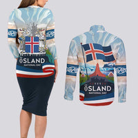 Iceland National Day Couples Matching Long Sleeve Bodycon Dress and Long Sleeve Button Shirt with Icelandic Flag Crest and Scenic Landscape Design