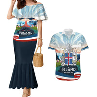 Iceland National Day Couples Matching Mermaid Dress and Hawaiian Shirt with Icelandic Flag Crest and Scenic Landscape Design