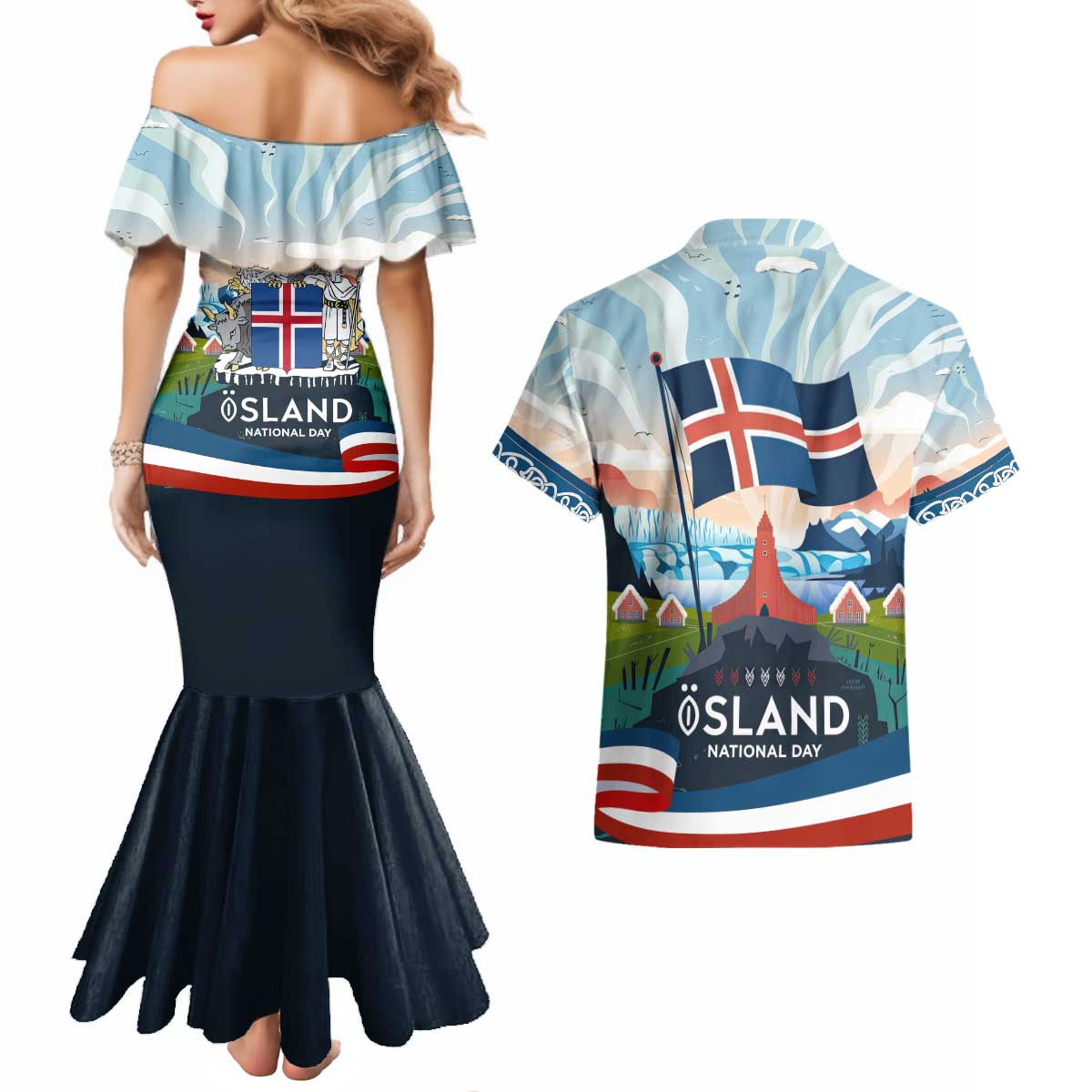 Iceland National Day Couples Matching Mermaid Dress and Hawaiian Shirt with Icelandic Flag Crest and Scenic Landscape Design