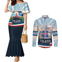 Iceland National Day Couples Matching Mermaid Dress and Long Sleeve Button Shirt with Icelandic Flag Crest and Scenic Landscape Design